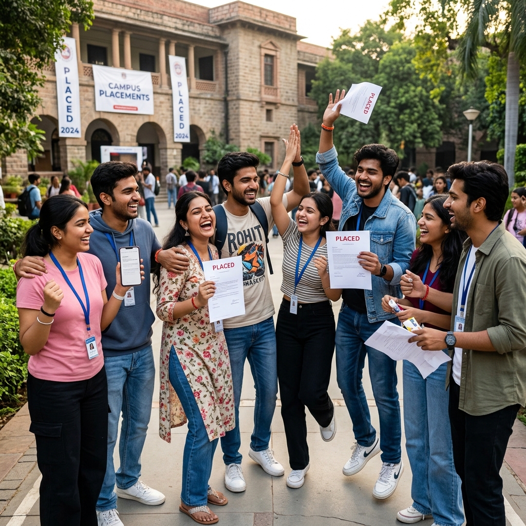 Happy students celebrating placement success at Kalam Institute of Technology